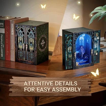 DIY Book Nook Kit Miniature Dollhouse with LED Light, 3D Wooden Bookshelf Insert Reading Corner Bookshop, Mini Library Model Building Kit for Adults Teens, Book Nook Shelf Decor Gift for Book Lovers - style: Mystic Library