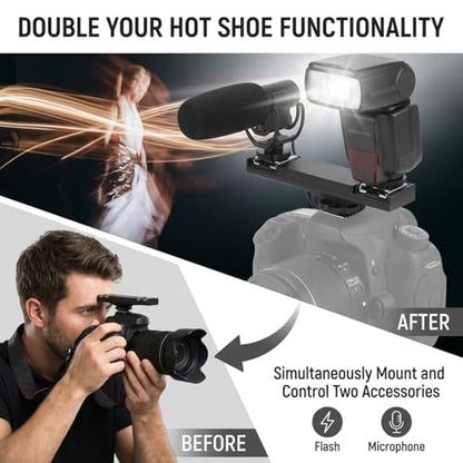 Dual Hot Shoe Splitter Camera Shoe Mounts, Dual Hot Shoe Flash Speedlite Light Bracket for SLR Camera Camcorder, Extension Bar Mount Cold Shoe Extension Bracket (for Canon)