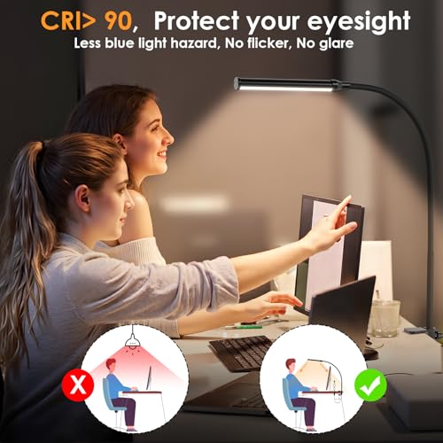 ShineTech LED Desk Lamp with Clamp, Clip On Desk Lamp for Home Office, 3000K Warm White & 11 Brightness Level, Flexible Gooseneck Architect Desk Light, Eye Caring Reading Lamp with USB Adapter - color: 3000K- Warm White
