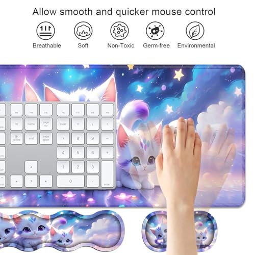 4 in 1 Ergonomic Keyboard Wrist Rest & Mouse Pad Wrist Rest Set, Large XXL Gaming Desk Mat 31.5"x 11.8" with Non-Slip Base, Memory Foam for Home Office Study Gaming, Cute Cat - color: Cute Cat