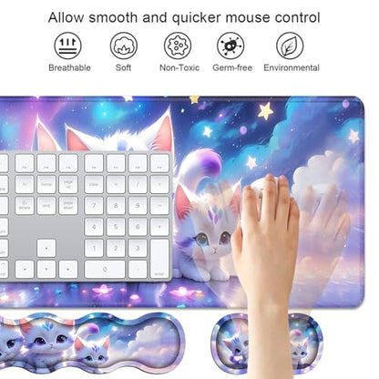 4 in 1 Ergonomic Keyboard Wrist Rest & Mouse Pad Wrist Rest Set, Large XXL Gaming Desk Mat 31.5"x 11.8" with Non-Slip Base, Memory Foam for Home Office Study Gaming, Cute Cat - color: Cute Cat