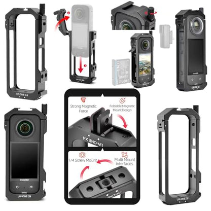 Insta 360 X4 Aluminum Frame Cage Case Bag Glass Lens Guard Set Screen Protector for Insta360 X4 X 4 Accessories Kit Anti-Scratch Metal Housing Shell Tempered Glass Protective Film Cover