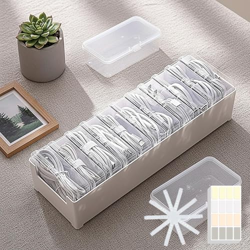 11 Case Cable Storage Box with Cable Straps and Label Stickers, Cord Organizer for Charging Cables, USB Wires, Earphones – Travel Cable Holder for Desk Drawer Organization (11 Cases + 11 Cable Straps)