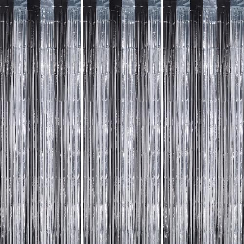 DECOCKRAT 3 Pack Foil Fringe Backdrop - Black&Silver Shiny Tinsel Curtains for Party Decoration/Photo Booth Props - 3.3x8.2 FT Metallic Foil Backdrop for Birthday, Wedding, Graduation, Christmas. - color: Black&Silver