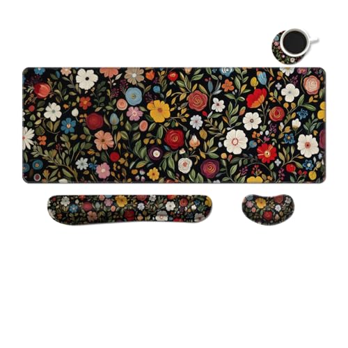 MIBITRI Keyboard Mouse Pad Set, Extended Gaming Mouse Pad+Ergonomics Keyboard Wrist Rest Support, Memory Foam, Easy Typing Pain Relief, 4Pcs XXL Ultra Thick Desk Mat, Red Florals - color: Red Florals