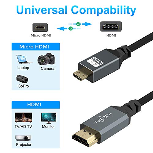 Twozoh Micro HDMI to HDMI Coiled Cable, Coiled Micro HDMI to Full HDMI Cable Support HDMI 2.0, 3D 4K UHD, 1080p (Extend up to 1.5M) - color: Coiled, size: 5Ft