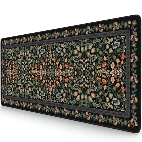 iCasso Aesthetic Floral Desk Mat, L Mouse Pads, Anti-Slip Retro Mousepad with Stitched Edges, Waterproof Computer Pad 11.8"x31.5",Desk Accessories Office Decor for Women(Black) - color: Black, size: 31.5L x 11.8W inches