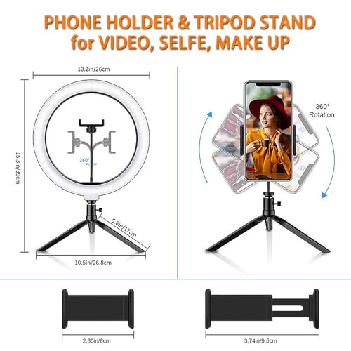 10" Desk Ring Light with Tripod Stand, 3 Light Modes & 11 Brightness Level, Adjustable Selfie Phone Halo Light with Cell Phone Holder for Video Recording, Makeup, Computer Laptop Zoom Meeting