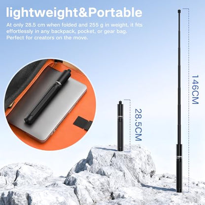 Invisible Selfie Stick Tripod 146cm, 2 in 1 Extension Monopod Pole for Insta360 X5 X4ONE X2,1/4" Action Camera Selfie Stick Handle Grip with Adapter for GoPro, DJI Osmo Action 5 Pro/4 - size: 146CM