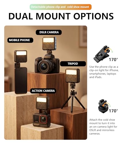 85LEDs Dual-Sided Portable Selfie Light for Dual Camera Recording, Pocket Video Light with Phone Clip & Cold Shoe Mount, 2000mAh Rechargeable for iPhone, Laptop, Vlogging, Zoom & Live Streaming