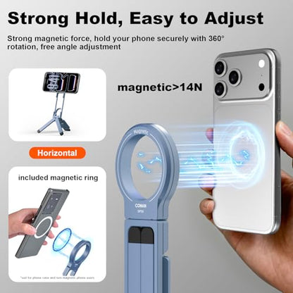 COMAN DP58 Magnetic Phone Tripod, Aluminum MagSafe Tripod Stand with Carabiner, Mini Portable Travel Pocket Stand for iPhone & Non-Magnetic Phones with Included Ring - color: Blue
