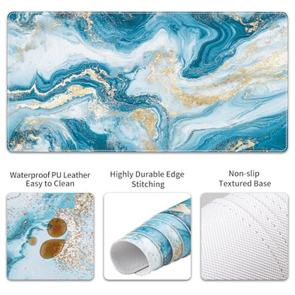 QIYI Leather Desk Mat Set, 4-in-1 Large Mouse Pad with Ergonomic Wrist Rest, Waterproof Desk Pad + Keyboard Wrist Rest + Mouse Wrist Support+Coaster, Non-Slip Office Gaming Accessories, Blue Fluid Art - color: Blue Fluid Art