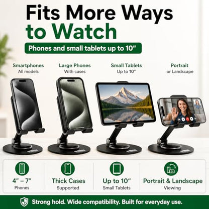 Uncaged Ergonomics 360° Swivel Rotating Adjustable Phone Stand for Desk, Portable & Foldable Cell Phone Stand for Desk, Compact Mobile Stand for Tabletop, Office, Kitchen & Bedroom (Black)