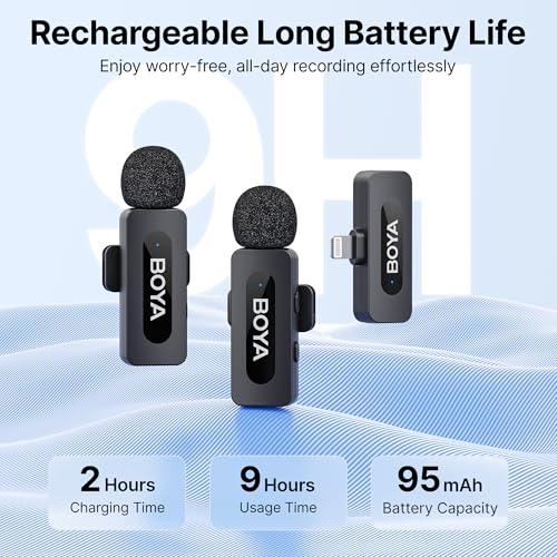 BOYA BY-V2 Wireless Microphones for iPhone iPad with MFi Certified Lightning Port, 328ft Range, 9H Battery Life, Noise Reduction Mini Mic Clip on Lapel Microphone Wireless for Video Recroding - size: 2TX+Lightning RX