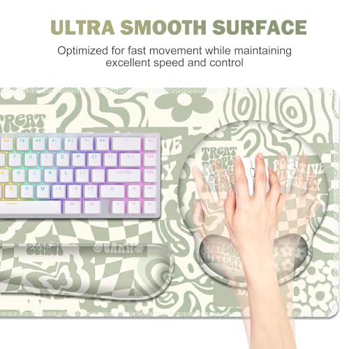 Large Desk Mat, Beige Gaming Mouse Pad, Desk Pad Protector, XXL Mousepad + Keyboard Wrist Rest+Mouse Wrist Rest+Coaster Set with Ergonomic Desk Pad for Home Office PC Computer, Retro Boho Aesthetic - color: Beige Retro Boho