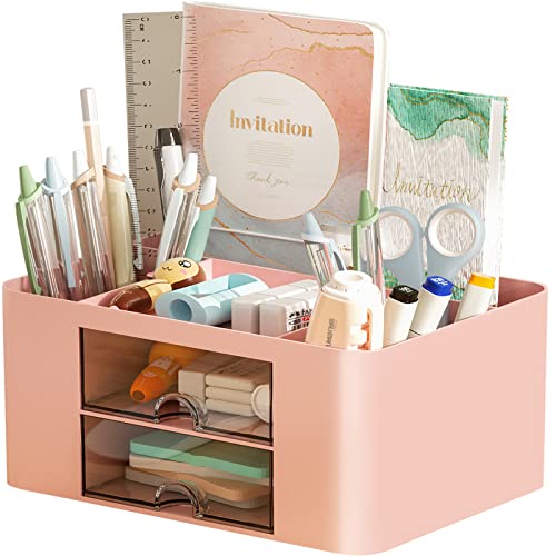 Marbrasse Pen Organizer with 2 Drawer, Multi-Functional Pencil Holder for Desk, Desk Organizers and Accessories with 5 Compartments + Drawer for Office Art Supplies (Pink) - color: Pink