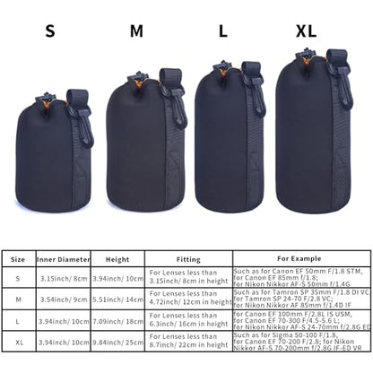 M Size (Medium) Camera Lens Pouch, Thick Protective Neoprene Bag Storage Cover Case with Drawstring Design, Soft Plush Interior, Compatible for Canon, for Nikon, for Sony DSLR Lenses - size: M: 9cm x 14cm (D x H)