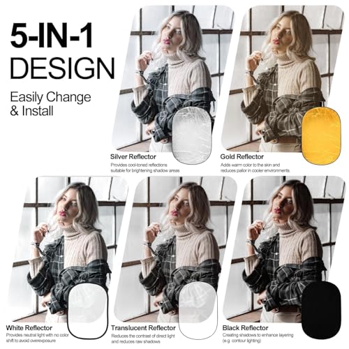 EMART 24'' x 36''(60 x 90cm) 5 in 1 Photo Collapsible Photography Reflector with Bag, Large Oval Portable Panel for Studio Video, Portraint, Outdoor Shooting -Translucent, White, Silver, Gold, Black