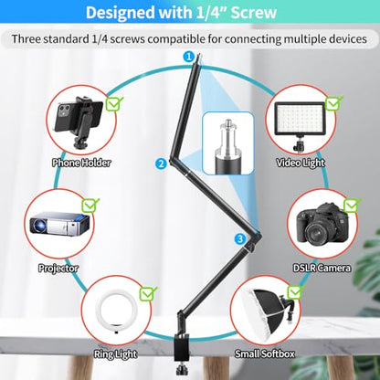 Heavy Duty Overhead Camera Desk Mount Stand 14.5"-41" with 1/4" Screw, 3-Section 360°Rotatable Detachable Articulating Boom Arm with Enlarged Handle C Clamp, Tabletop Light Stand for Streaming Vlog