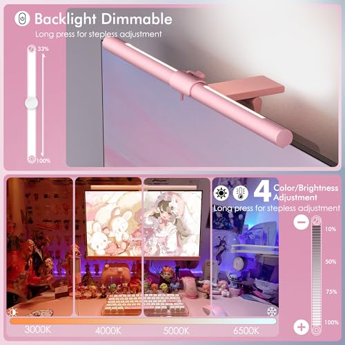 Quntis Pink Monitor Light Bar with Remote, Eye-Care No Glare, Space Saving Computer Desk Lamp As Gifts for Girls, Stepless Dimming, Modern Aesthetic Desk Light Bar for Home Office Gaming Reading - color: Pink