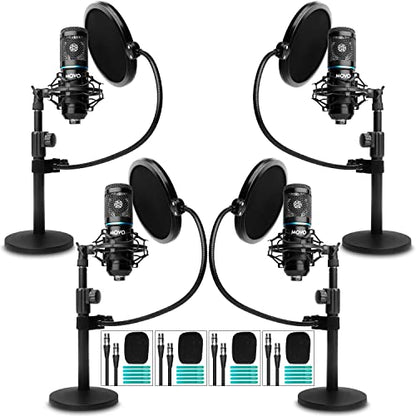 Movo PodPak4T 4-Pack Universal XLR Podcast Microphone Bundle- Includes 4 Cardioid Condenser Mics, Desktop Mic Stands, Pop Filters, Shock Mounts, and Cables for Podcast Equipment - style: 4 Pack