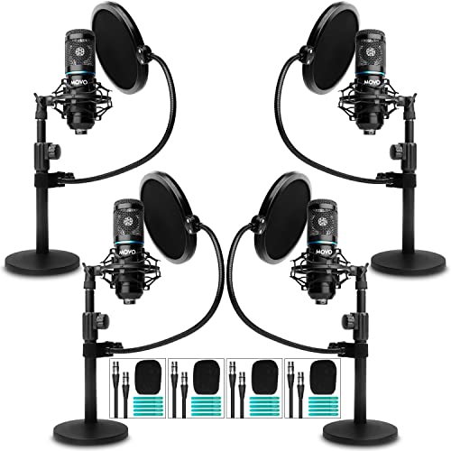 Movo PodPak4T 4-Pack Universal XLR Podcast Microphone Bundle- Includes 4 Cardioid Condenser Mics, Desktop Mic Stands, Pop Filters, Shock Mounts, and Cables for Podcast Equipment - style: 4 Pack