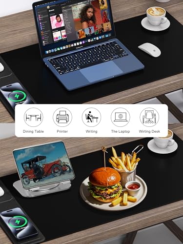 Wireless Charging Mouse Pad with Foldable Phone Holder, 31.5" x 15.8" XXL Large Desk Pad, Gaming Mousepad with Ultra-Smooth Surface, Non-Slip Base, Black Waterproof Desk Mat, with 20W PD Charging Kit - color: Black-Phone Holder-31.5"x15.8"-with Adapter