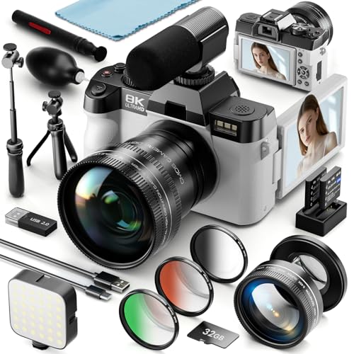 8K Digital Cameras for Photography, 64MP Vlogging Camera with 180°Flip Screen，2 Batteries, 32GB TF Card，16X Zoom, WiFi, 3 Color Filters,Microphone, Tripod, Wide & Macro Lens Kit (White) - color: White