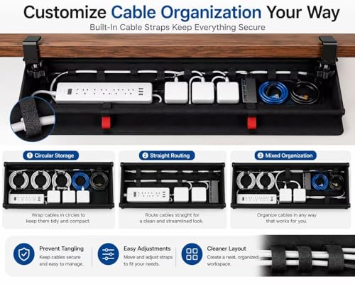 Under Desk Cable Management Tray, 90CM Extra Large, No-Drill Clamp Mount Cable Organizer, Hide Power Strips, Adapters & Wires, Easy Access Fabric Cable Basket for Standing Desks & Home Offices