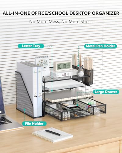 WALI Bundles Monitor Stand Riser with Drawer and 2 Pen Holders and Desk File Organizer, 4 Tier Desktop Paper Letter Tray Organizer with Drawer and 2 Pen Holders (PTT004-B+DO005DH-B)