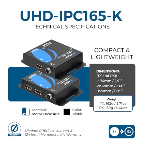 OREI HDMI Extender Ethernet 165ft, 4K HDR PoC Two-Way IR HDCP 2.2 LPCM 2.0 | HDMI Balun, Over Ethernet – 18Gbps, HDMI 2.0, Uncompressed Zero-Latency AV, LPCM 2.0, Dolby 5.1