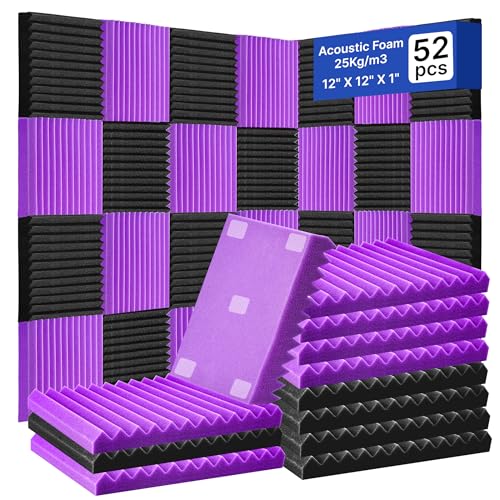 52 Pack Acoustic Foam Panels,1" x 12" x 12"Acoustic Wedge Studio Foam Sound Absorption Wall Panels (Black/Purple) - color: 52 Pack 26 Black+26 Purple, size: 12” x 12" x 1"
