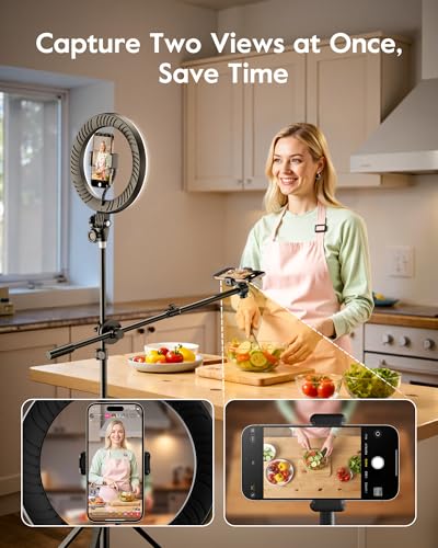 Upgrade Tripod Ring Light Stand with 2 Telescopic Arms -67" Ring Light Tripod for iPhone&Android, Overhead Phone Mount with Remote, Phone Stand for for TikTok, YouTube，Zoom & Video Recording