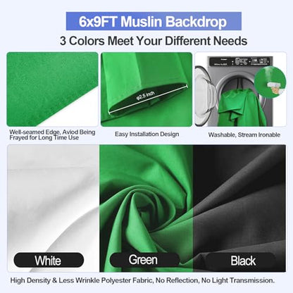 EMART 8.5x10ft Green Screen Backdrop Kit with 6x9ft Polyester Backdrop(Black/White/Green), Adjustable Photography Background Support System for Studio Photography, Parties, Wedding, Video Shooting | Adjustable Background Stand with Black/White/Green Scree
