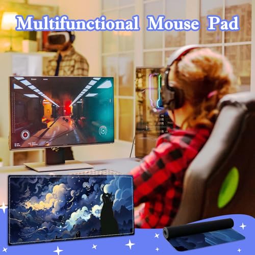 Cat Lover Gifts,Starry Night Cat Mouse Pad,Desk Matt for Desktop,Cute Desk Pad Mat,Large Mouse Pad,Big Mousepad with Stitched Edges,Clouds Deskmat,Keyboard Pad Mouse Mat for Computer,Work,Gaming - color: nightcat
