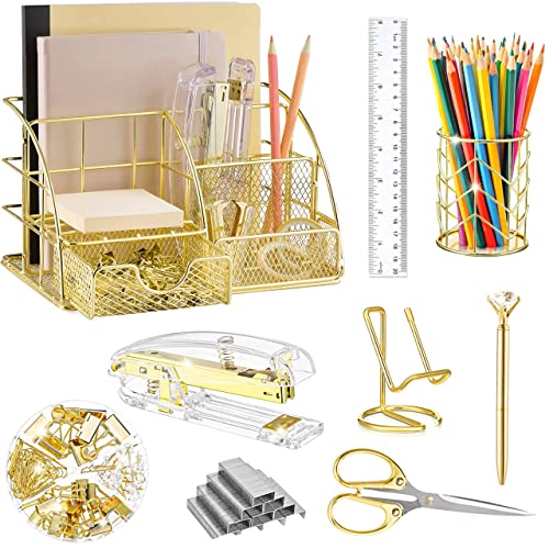 KAAKOW Gold Desk Organizers and Accessories Office Supplies Set Stapler, Pen Holder, Phone Holder, Scissors, Pen, Ruler, 30 Paper Clips, 22 Binder Clip, 20 Tacks and 1000pcs Staples (Gold) - color: Gold