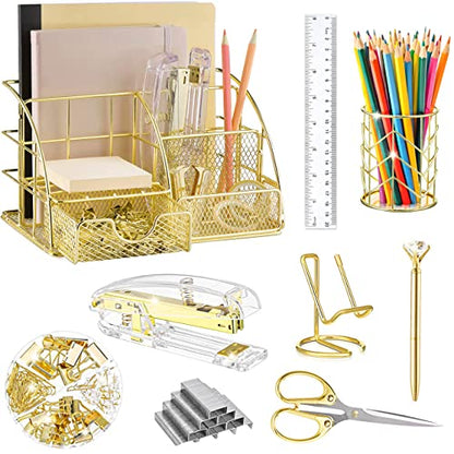 KAAKOW Gold Desk Organizers and Accessories Office Supplies Set Stapler, Pen Holder, Phone Holder, Scissors, Pen, Ruler, 30 Paper Clips, 22 Binder Clip, 20 Tacks and 1000pcs Staples (Gold) - color: Gold