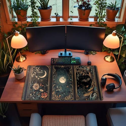 Celestial Lunar Nature Tarot Card Desk Mat 31.5''X15.7'' Dark Green Desk Pad Moon Botanical Floral Large Mouse Pad Extended Gaming Mousepad XXL Keyboard Mouse Mat for Computer Laptop Gamers - color: Celestial Lunar Nature