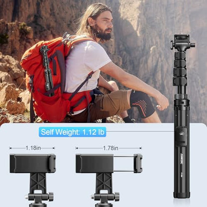 Fugetek 62" Professional Cell Phone Tripod, Ultra Stable 4 Leg Design, Bluetooth Remote, 100% All Aluminum Stick & Legs, Portable All in One, 360° Phone Mount with 2 Cold Shoe Slots, Non Skid Feet - style: Quadrapod