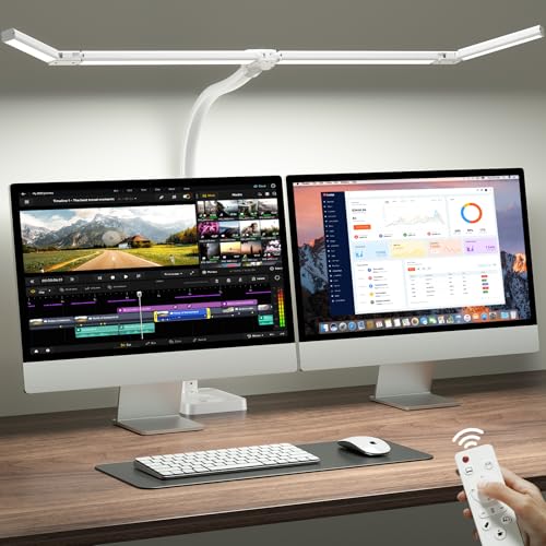 ONEMIX 42" LED Desk Lamp for Home Office, Eye-Caring Desk Light with Adjustable 4-Segment Bar, 1800LM Bright, Remote, Architect Table Lamp with Base for Dual Monitors, Reading, Study, Workbench(White) - color: White Plus