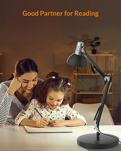 LEPOWER Metal Desk Lamp, Adjustable Goose Neck Architect Table Lamp with On/Off Switch, Swing Arm Desk Lamp with Clamp, Eye-Caring Reading Lamp for Bedroom, Study Room &Office (Black) - color: Black