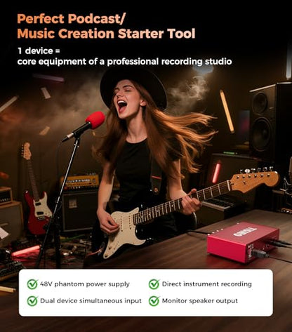 TISINO Audio Interface 24Bit/192kHz, USB Audio Interface for Recording, Songwriting, Streaming and Podcasting, Plug & Play Studio Interface with 48V Phantom Power, PC/Mac/iOS Compatible,RED
