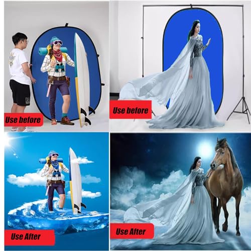 3.3x5ft/1x1.5m Chromakey Backdrop, 2-in-1 Blue Screen and Grey Screen, Collapsible Reversible Pop Up Background for Photography Studio, Live Streaming, Video Shooting (Blue/Gray) - color: Blue/Gray, size: 3.3x5ft