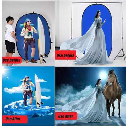 3.3x5ft/1x1.5m Chromakey Backdrop, 2-in-1 Blue Screen and Grey Screen, Collapsible Reversible Pop Up Background for Photography Studio, Live Streaming, Video Shooting (Blue/Gray) - color: Blue/Gray, size: 3.3x5ft
