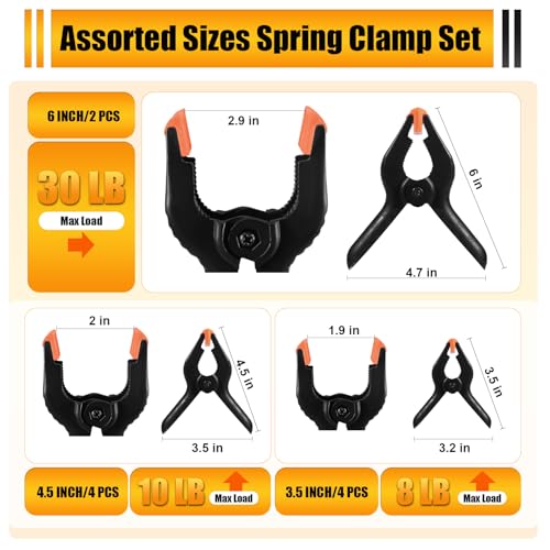 RELBRO Spring Clamps, Assorted Sizes Plastic Clips for Woodworking Balloon Arch Backdrop Craft Projects, Heavy Duty, 6 Inch, 4.5 Inch, 3.5 Inch, Black, 10 Pcs - size: Assorted Sizes