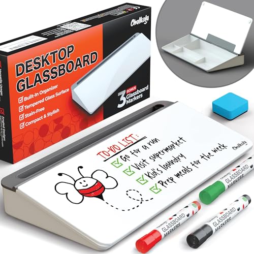 Chalkola Glass Desktop Whiteboard with Storage - Dry Erase Board, Work Desk Organizers, Computer Keyboard Stand, Home Office Desk Accessories, Small White Board, Workspace Desktop Buddy + 3 Markers - color: White