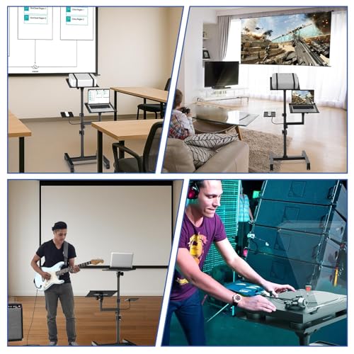 Projector Stand, 2 Shelves Mobile Laptop Cart with Adjustable 47" Height | top tray tilts 30°,4 quiet casters with 2 locks,sturdy H-beam steel frame,mouse tray included,for home,outdoor