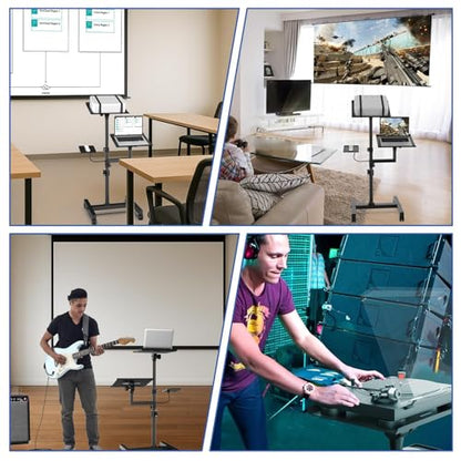 Projector Stand, 2 Shelves Mobile Laptop Cart with Adjustable 47" Height | top tray tilts 30°,4 quiet casters with 2 locks,sturdy H-beam steel frame,mouse tray included,for home,outdoor