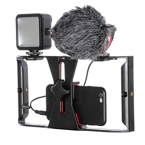 FocusFoto Smartphone Video Rig Camera Cage Mount Holder Stabilizer Handle Grip with BOYA by-MM1 Shotgun Microphone Mic + 49 LED Light Kit for Mobile Phone iPhone Filmmaking Professional Videomaker