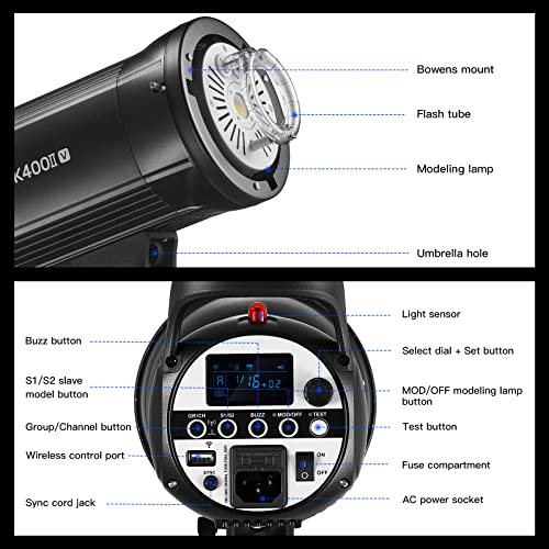Godox SK400II-V 400Ws Photo Studio Strobe Monolight with Bowens Mount & LED | GN65, 0.1-1.5s Recycle Time, Bowens Mount, 10W LED Modeling Lamp for Studio Product Photography, Portraits Shooting, 110~120V